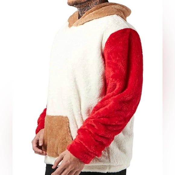BRAND NEW MENS TRENDY MULTICOLOR COLORBLOCK FUZZY SHERPA HOODIE NWT - Picture 3 of 4